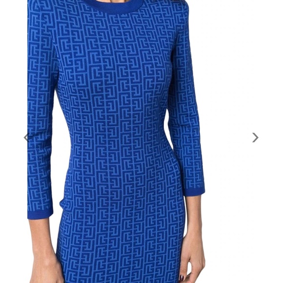 ❌SOLD❌ Balmain Balman Monogram Jacquard Long Sleeve Wool Blend Minidress - Picture 8 of 17